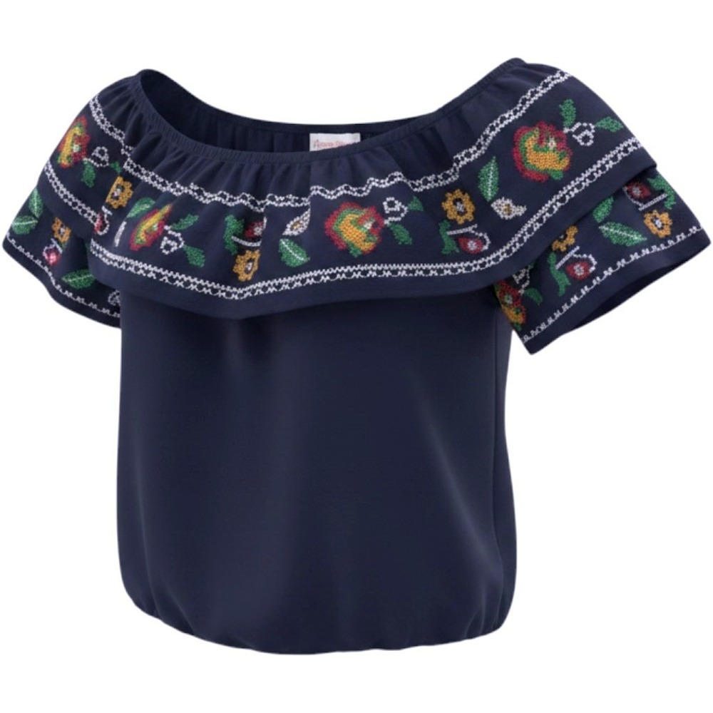 Flying Tomato Navy Blue Embroidered Off Shoulder Boho Blouse peasant sz Medium
